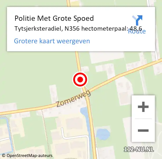Locatie op kaart van de 112 melding: Politie Met Grote Spoed Naar Tytsjerksteradiel, N356 hectometerpaal: 48,6 op 21 mei 2022 06:58