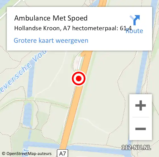 Locatie op kaart van de 112 melding: Ambulance Met Spoed Naar Hollandse Kroon, A7 hectometerpaal: 61,4 op 21 mei 2022 11:37