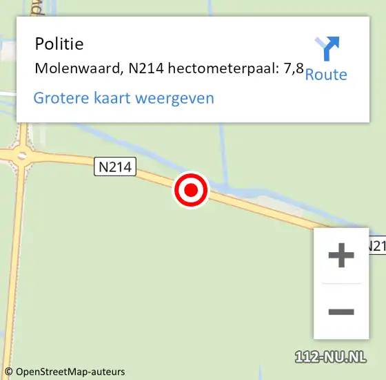 Locatie op kaart van de 112 melding: Politie Molenwaard, N214 hectometerpaal: 7,8 op 21 mei 2022 16:39