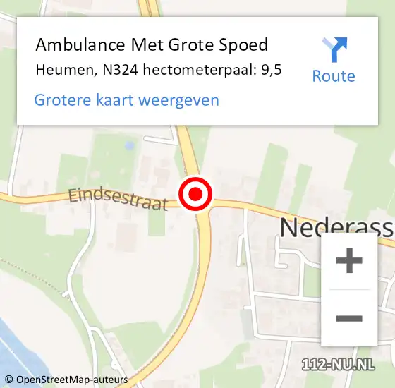 Locatie op kaart van de 112 melding: Ambulance Met Grote Spoed Naar Heumen, N324 hectometerpaal: 9,5 op 21 mei 2022 17:48