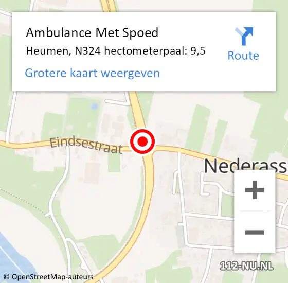 Locatie op kaart van de 112 melding: Ambulance Met Spoed Naar Heumen, N324 hectometerpaal: 9,5 op 21 mei 2022 18:17