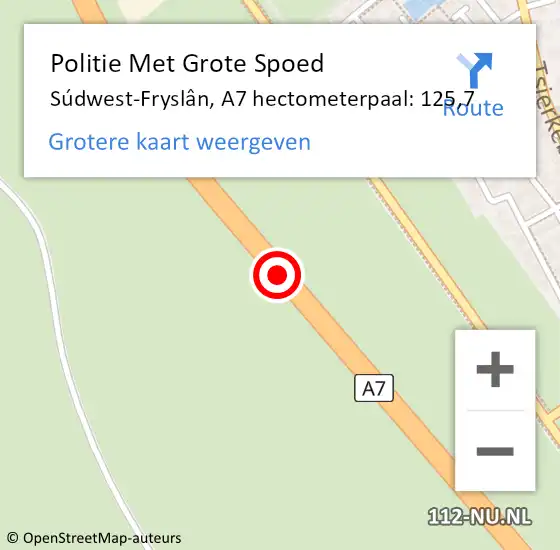 Locatie op kaart van de 112 melding: Politie Met Grote Spoed Naar Súdwest-Fryslân, A7 hectometerpaal: 125,7 op 21 mei 2022 22:04