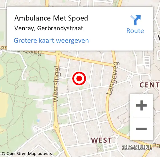 Locatie op kaart van de 112 melding: Ambulance Met Spoed Naar Venray, Gerbrandystraat op 18 juli 2014 07:56