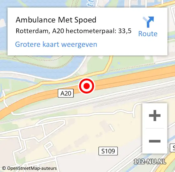 Locatie op kaart van de 112 melding: Ambulance Met Spoed Naar Rotterdam, A20 hectometerpaal: 33,5 op 23 mei 2022 17:49