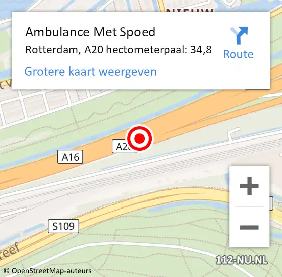 Locatie op kaart van de 112 melding: Ambulance Met Spoed Naar Rotterdam, A20 hectometerpaal: 34,8 op 24 mei 2022 12:28
