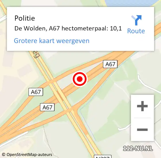 Locatie op kaart van de 112 melding: Politie De Wolden, A67 hectometerpaal: 10,1 op 25 mei 2022 07:57