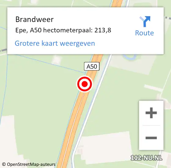Locatie op kaart van de 112 melding: Brandweer Epe, A50 hectometerpaal: 213,8 op 25 mei 2022 10:41