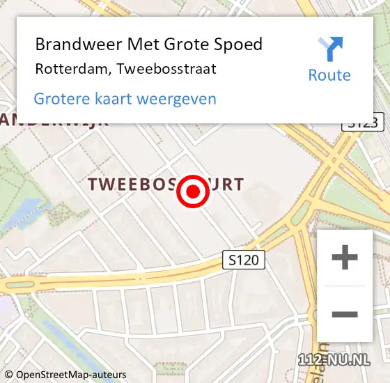 Locatie op kaart van de 112 melding: Brandweer Met Grote Spoed Naar Rotterdam, Tweebosstraat op 25 mei 2022 12:29