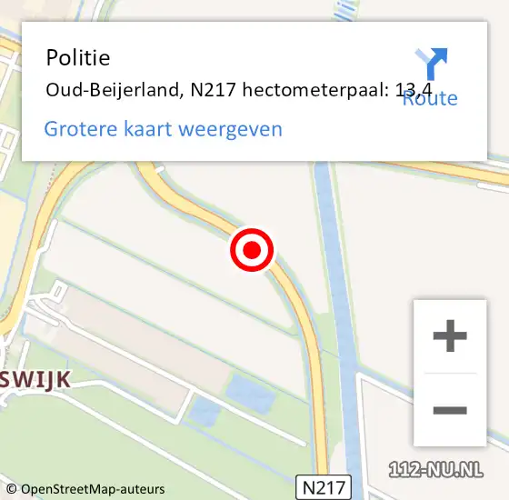 Locatie op kaart van de 112 melding: Politie Oud-Beijerland, N217 hectometerpaal: 13,4 op 25 mei 2022 14:49