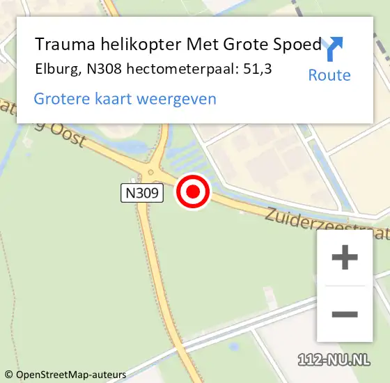 Locatie op kaart van de 112 melding: Trauma helikopter Met Grote Spoed Naar Elburg, N308 hectometerpaal: 51,3 op 25 mei 2022 17:00