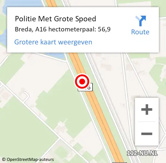 Locatie op kaart van de 112 melding: Politie Met Grote Spoed Naar Breda, A16 hectometerpaal: 56,9 op 25 mei 2022 18:57