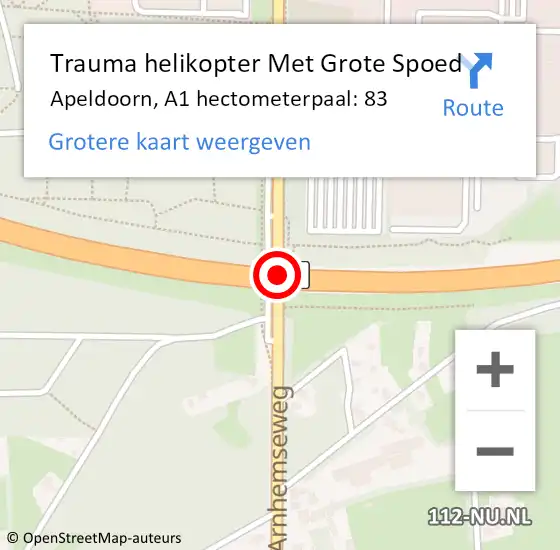 Locatie op kaart van de 112 melding: Trauma helikopter Met Grote Spoed Naar Apeldoorn, A1 hectometerpaal: 83 op 26 mei 2022 12:20