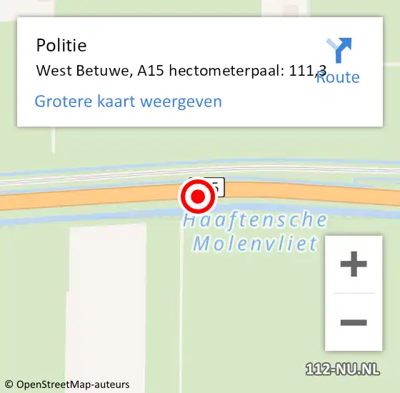 Locatie op kaart van de 112 melding: Politie West Betuwe, A15 hectometerpaal: 111,3 op 26 mei 2022 16:01