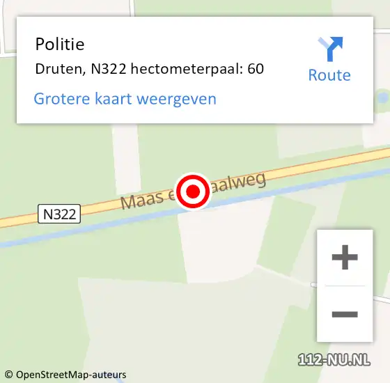 Locatie op kaart van de 112 melding: Politie Druten, N322 hectometerpaal: 60 op 26 mei 2022 19:07