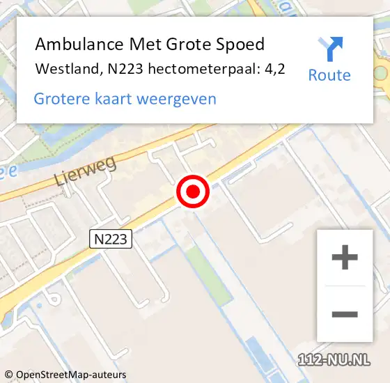 Locatie op kaart van de 112 melding: Ambulance Met Grote Spoed Naar Westland, N223 hectometerpaal: 4,2 op 26 mei 2022 20:32