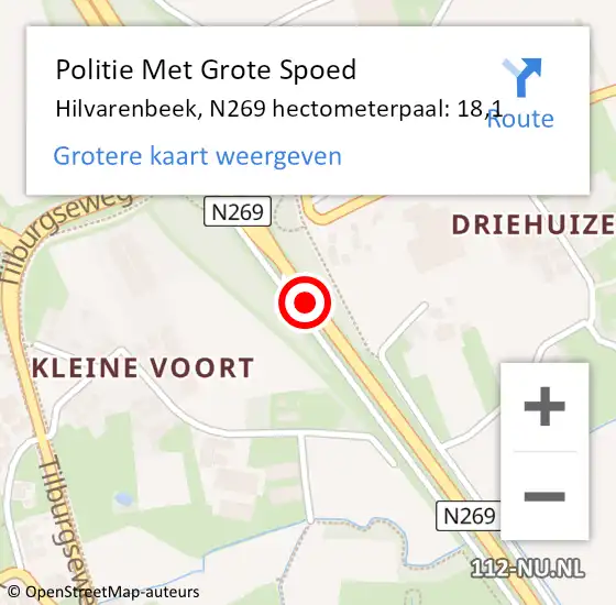 Locatie op kaart van de 112 melding: Politie Met Grote Spoed Naar Hilvarenbeek, N269 hectometerpaal: 18,1 op 27 mei 2022 14:17