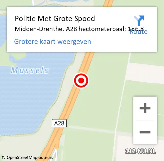 Locatie op kaart van de 112 melding: Politie Met Grote Spoed Naar Midden-Drenthe, A28 hectometerpaal: 156,8 op 28 mei 2022 16:29