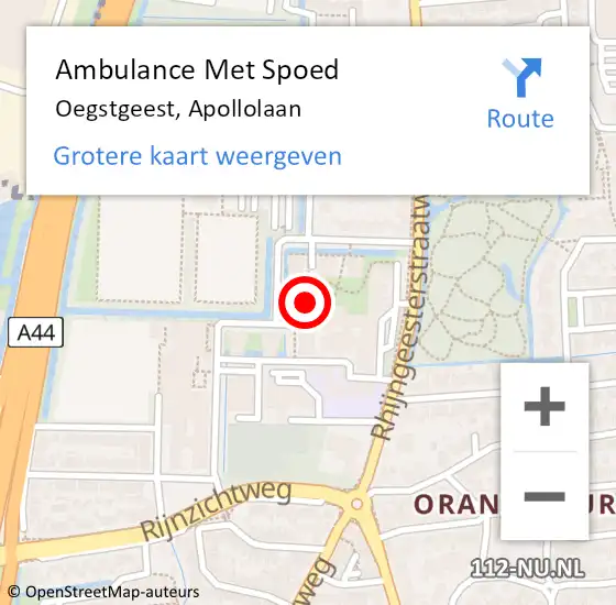 Locatie op kaart van de 112 melding: Ambulance Met Spoed Naar Oegstgeest, Apollolaan op 28 mei 2022 23:32