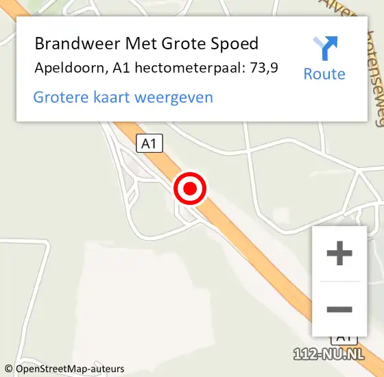 Locatie op kaart van de 112 melding: Brandweer Met Grote Spoed Naar Apeldoorn, A1 hectometerpaal: 73,9 op 29 mei 2022 18:05