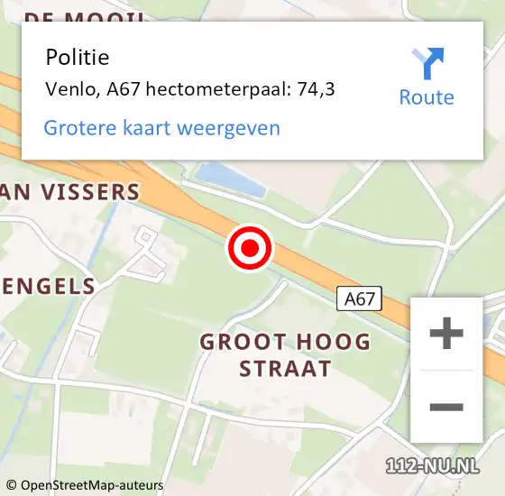 Locatie op kaart van de 112 melding: Politie Venlo, A67 hectometerpaal: 74,3 op 29 mei 2022 22:37