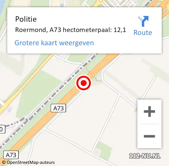 Locatie op kaart van de 112 melding: Politie Roermond, A73 hectometerpaal: 12,1 op 30 mei 2022 08:51