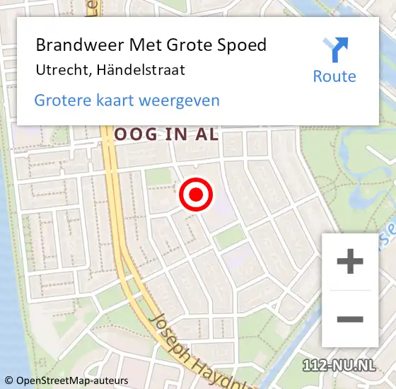 Locatie op kaart van de 112 melding: Brandweer Met Grote Spoed Naar Utrecht, Händelstraat op 30 mei 2022 11:14