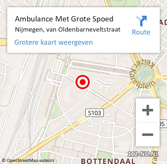 Locatie op kaart van de 112 melding: Ambulance Met Grote Spoed Naar Nijmegen, van Oldenbarneveltstraat op 30 mei 2022 14:03