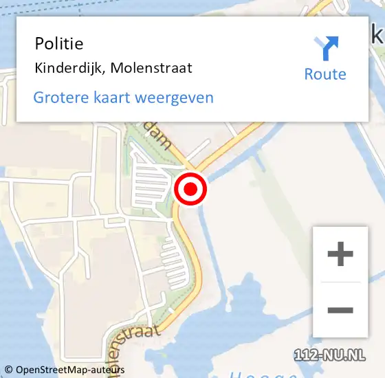 Locatie op kaart van de 112 melding: Politie Kinderdijk, Molenstraat op 30 mei 2022 20:52
