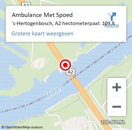 Locatie op kaart van de 112 melding: Ambulance Met Spoed Naar 's-Hertogenbosch, A2 hectometerpaal: 109,8 op 31 mei 2022 16:50