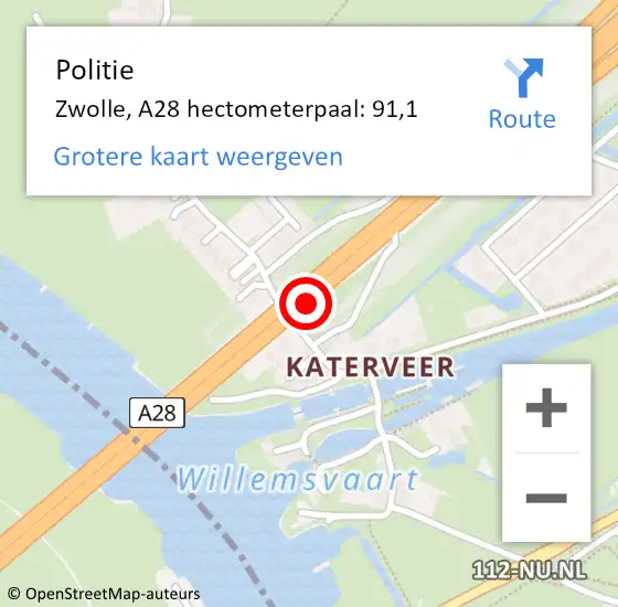 Locatie op kaart van de 112 melding: Politie Zwolle, A28 hectometerpaal: 91,1 op 1 juni 2022 07:44