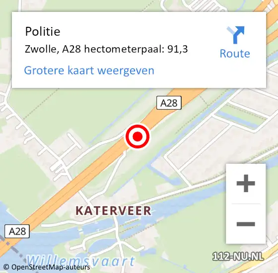 Locatie op kaart van de 112 melding: Politie Zwolle, A28 hectometerpaal: 91,3 op 1 juni 2022 08:26