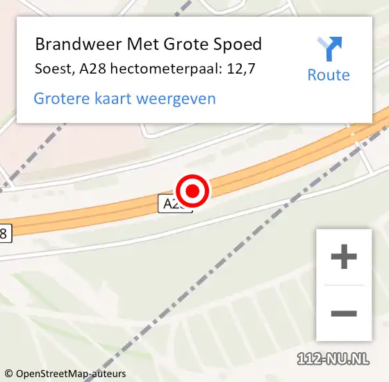 Locatie op kaart van de 112 melding: Brandweer Met Grote Spoed Naar Soest, A28 hectometerpaal: 12,7 op 1 juni 2022 08:44