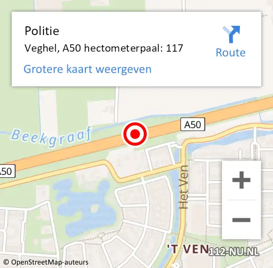 Locatie op kaart van de 112 melding: Politie Veghel, A50 hectometerpaal: 117 op 1 juni 2022 17:04