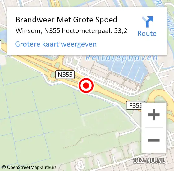 Locatie op kaart van de 112 melding: Brandweer Met Grote Spoed Naar Winsum, N355 hectometerpaal: 53,2 op 1 juni 2022 17:33