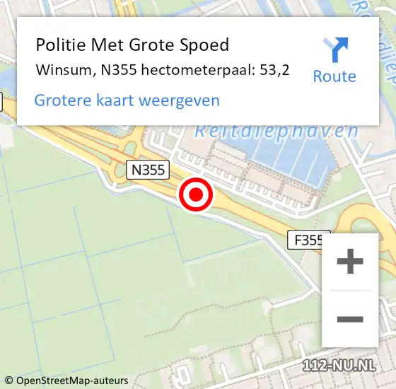 Locatie op kaart van de 112 melding: Politie Met Grote Spoed Naar Winsum, N355 hectometerpaal: 53,2 op 1 juni 2022 17:35