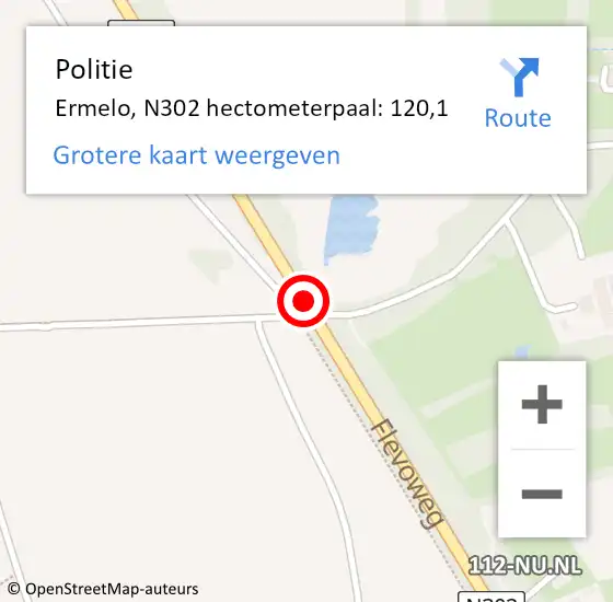 Locatie op kaart van de 112 melding: Politie Ermelo, N302 hectometerpaal: 120,1 op 1 juni 2022 17:48