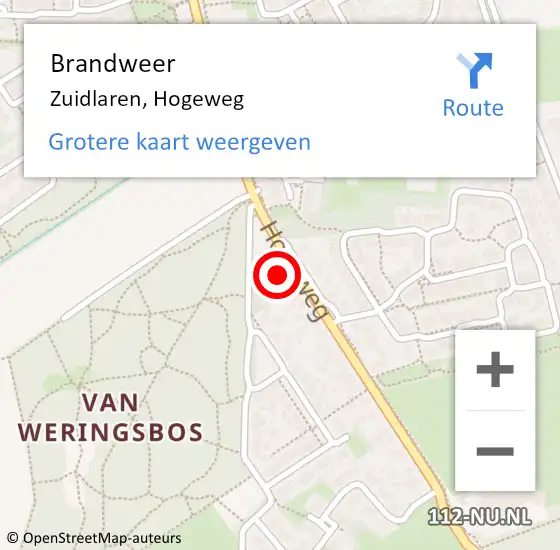 Locatie op kaart van de 112 melding: Brandweer Zuidlaren, Hogeweg op 1 juni 2022 19:46