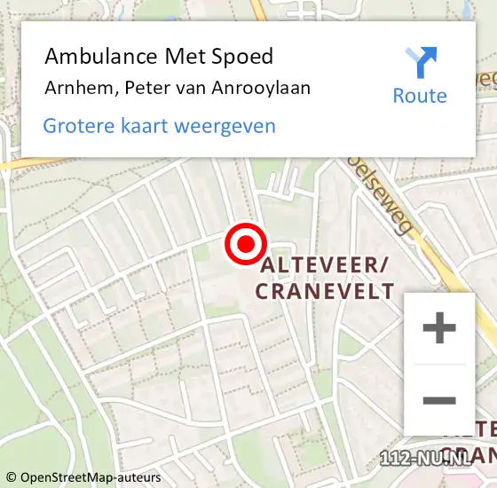 Locatie op kaart van de 112 melding: Ambulance Met Spoed Naar Arnhem, Peter van Anrooylaan op 1 juni 2022 20:46