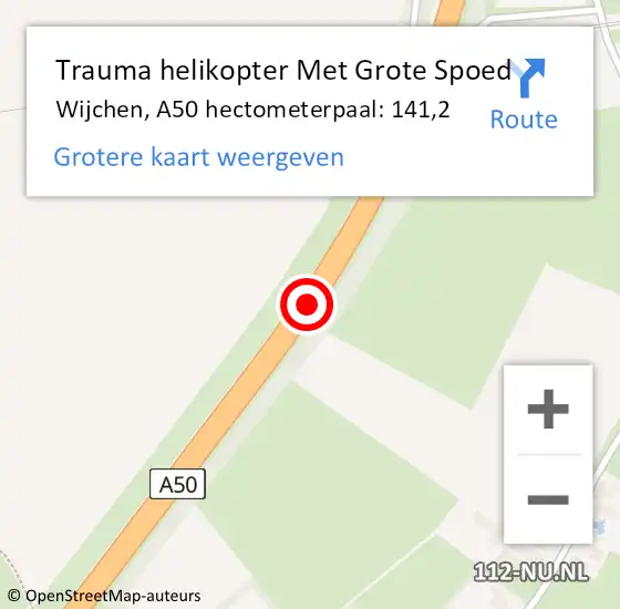 Locatie op kaart van de 112 melding: Trauma helikopter Met Grote Spoed Naar Wijchen, A50 hectometerpaal: 141,2 op 2 juni 2022 16:45