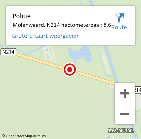 Locatie op kaart van de 112 melding: Politie Molenwaard, N214 hectometerpaal: 8,6 op 3 juni 2022 09:08
