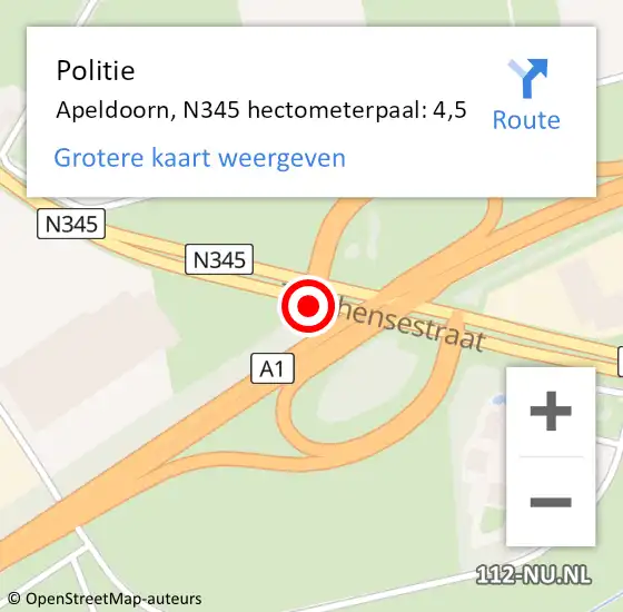 Locatie op kaart van de 112 melding: Politie Apeldoorn, N345 hectometerpaal: 4,5 op 3 juni 2022 16:14