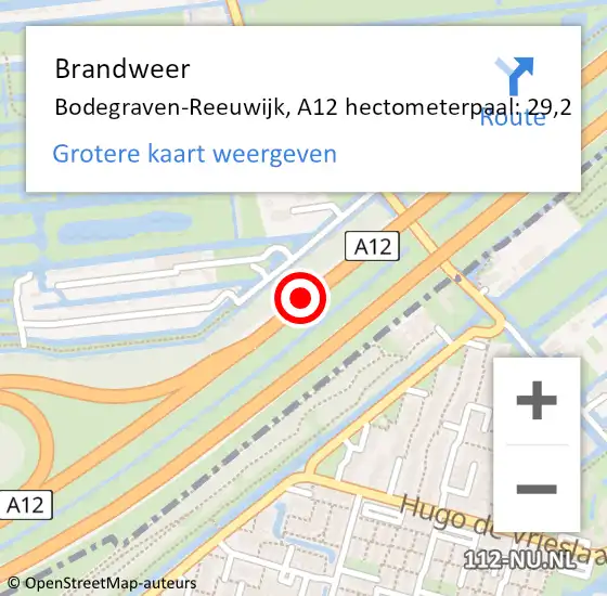 Locatie op kaart van de 112 melding: Brandweer Bodegraven-Reeuwijk, A12 hectometerpaal: 29,2 op 3 juni 2022 17:51