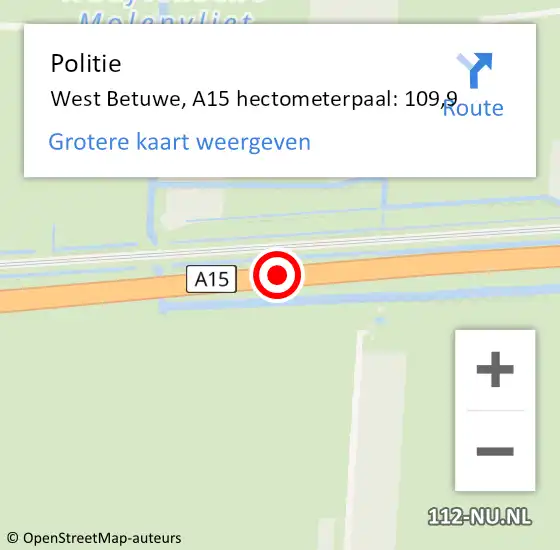 Locatie op kaart van de 112 melding: Politie West Betuwe, A15 hectometerpaal: 109,9 op 4 juni 2022 01:09