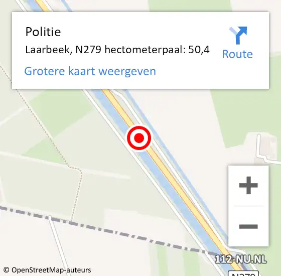 Locatie op kaart van de 112 melding: Politie Laarbeek, N279 hectometerpaal: 50,4 op 4 juni 2022 16:06