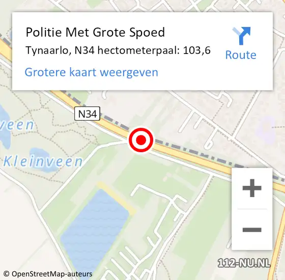 Locatie op kaart van de 112 melding: Politie Met Grote Spoed Naar Tynaarlo, N34 hectometerpaal: 103,6 op 5 juni 2022 00:39