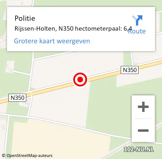 Locatie op kaart van de 112 melding: Politie Rijssen-Holten, N350 hectometerpaal: 6,4 op 5 juni 2022 15:44