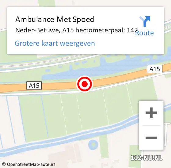 Locatie op kaart van de 112 melding: Ambulance Met Spoed Naar Neder-Betuwe, A15 hectometerpaal: 142 op 5 juni 2022 21:28