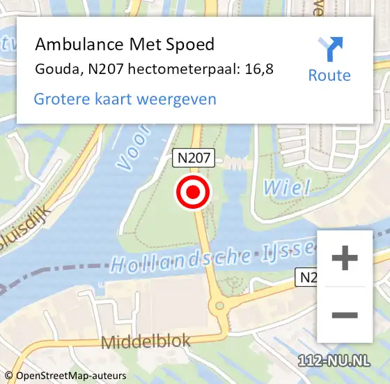 Locatie op kaart van de 112 melding: Ambulance Met Spoed Naar Gouda, N207 hectometerpaal: 16,8 op 6 juni 2022 01:02