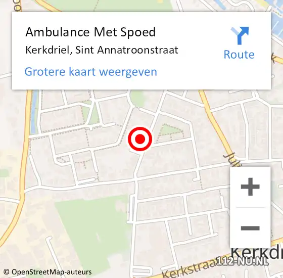 Locatie op kaart van de 112 melding: Ambulance Met Spoed Naar Kerkdriel, Sint Annatroonstraat op 6 juni 2022 08:37