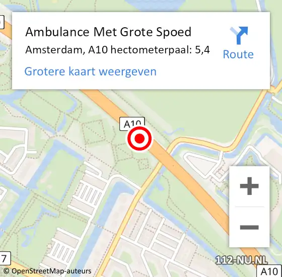 Locatie op kaart van de 112 melding: Ambulance Met Grote Spoed Naar Amsterdam, A10 hectometerpaal: 5,4 op 6 juni 2022 10:37